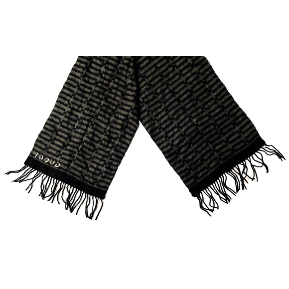 Gucci Black & Gray Embroidered Logo Geometric Weave Wool Scarf Pre-owned - Picture 10 of 16